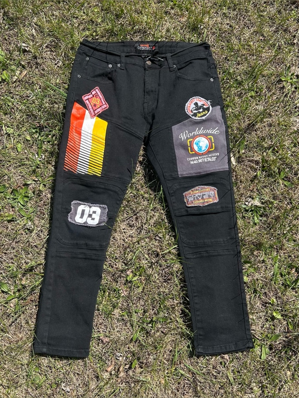 Copper Rivet Mens Pants 36X30 Distressed Patched Biker Jeans Straight Leg Denim